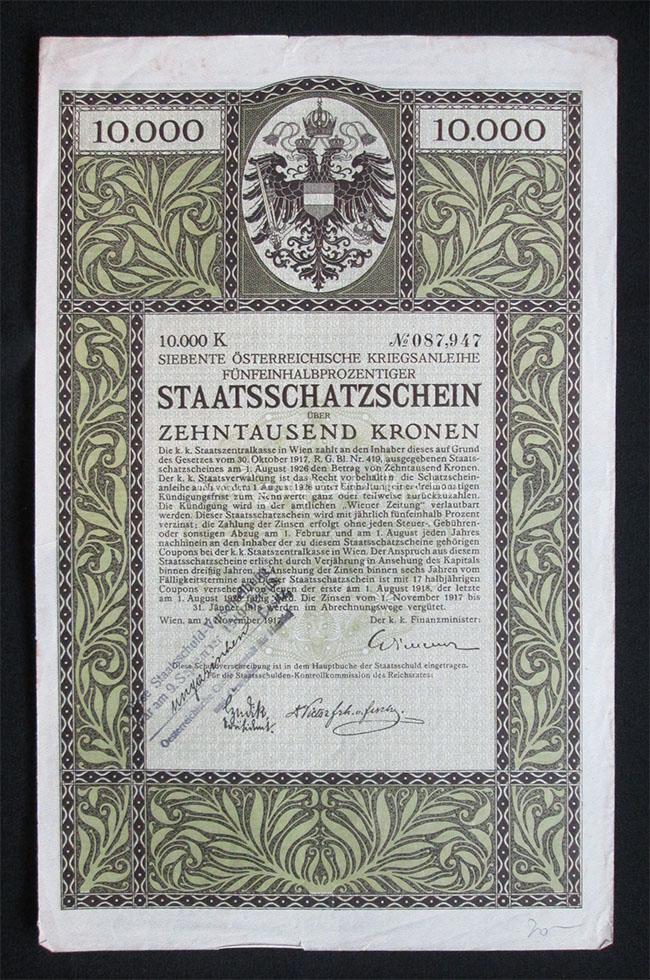 Osztrk 7. hadiklcsn ktvny 10000 korona 1917 Bcs